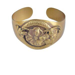Retro Vintage Floral Embossed Gold-Toned Cuff Bracelet With Round Detai